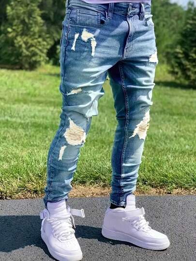 Fashionable Casual Distressed Washed Skinny Jeans