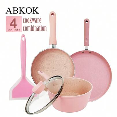 ABKOK 1pc/2pcs/4pcs Aluminum Cookware Set, Non-Stick Frying Pan, Saucepan, Pancake Pan, Mini Cute, Single Pan Or Pan Set Available