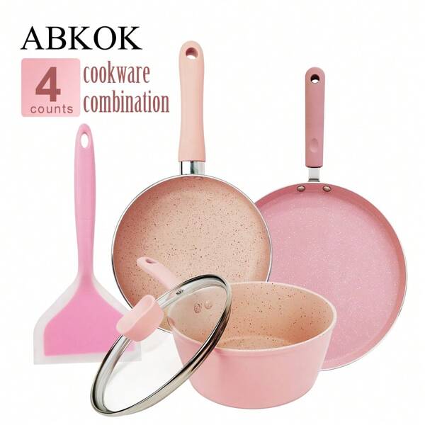ABKOK 1pc/2pcs/4pcs Aluminum Cookware Set, Non-Stick Frying Pan, Saucepan, Pancake Pan, Mini Cute, Single Pan Or Pan Set Available