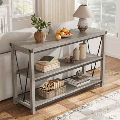 Dragonpad 47"W Entryway Table, 3 Tier Narrow Long Console Table With Storage Shelves, Wood Console Table For Living Room, Industrial Behind Couch Table, Hallway Table For Foyer, Entryway Furniture