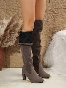 Fall/Winter New Thigh High Boots For Women, Elastic Over The Knee Boots, Chunky Heel Slim Fit Tall Boots, Fashion High Heel Shoes In Black, Grey, Red - Light Grey - View 7