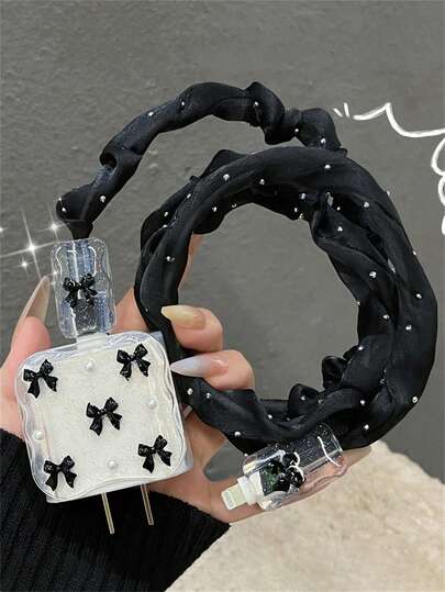 可爱 3D 黑色蝴蝶结波浪边框闪光透明新款豪华充电器兼容 16 11 12 13 14 15 18W-20W 充电保护套 Nan 充电器保护套充电器外壳手机配件