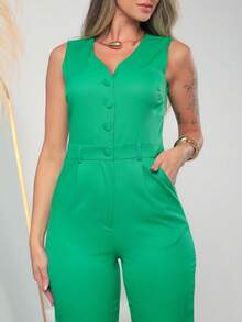 Women's Tailored Jumpsuit With Button At The Front C3154 - 綠色 - 查看 7