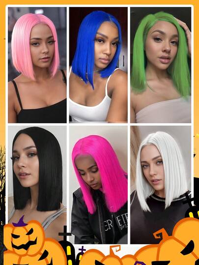 12 Inch Fashion Wigs Colorful Halloween Straight Hair Wigs For Women White Black Green Blue Cosplay Wig Woven Synthetic Hair Wigs For Halloween And Christmas Decorations