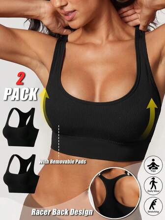 2 PACKS Seamless Sports Bras For Women Underwear Gym Bralette Bra Racer Back Backless Wireless Activewear Solid Color Black Intimates Breathable Rib-Knit Soft Fabric Yoga Running Tennis Training Cycling Workout Daily Fitness Comfy Athletic Were Exercise Go Out Active Wear Tops