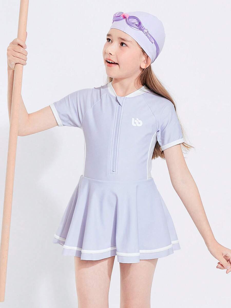 Balabala 青少年女孩連體泳裝套裝，帶帽子，夏季時尚泳裝 - 淡紫色 - 查看 1