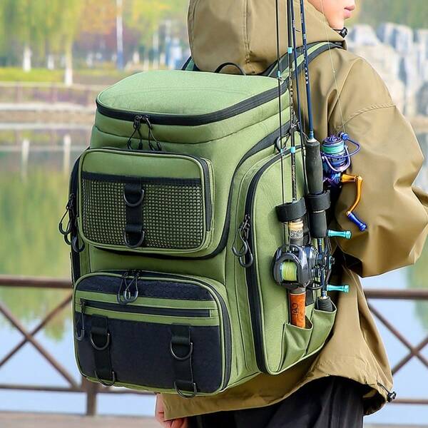 Mochila de pesca Premium - Gran capacidad, múltiples bolsillos y correas ajustables para los hombros para pescadores, aventureros al aire libre, entusiastas del camping - Diseño resistente al agua y duradero, perfecto para la pesca en el mar, senderismo, picnics, viajes - Solución de almacenamiento de equipo todo en uno con soporte para la espalda