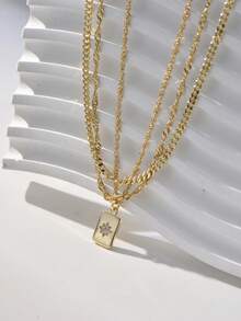 Nooxian 3pcs/Set Braided & Wavy Chain Layered Geometric Rectangle Sunflower Cubic Zirconia Pendant Necklace, Suitable For Women's Daily Wear - Yellow Gold - View 7