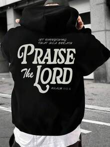 Krometka Men's Autumn/Winter Street Casual Slogan "PRAISE THE LORD" Print Hoodie Sweatshirt - Black - View 5