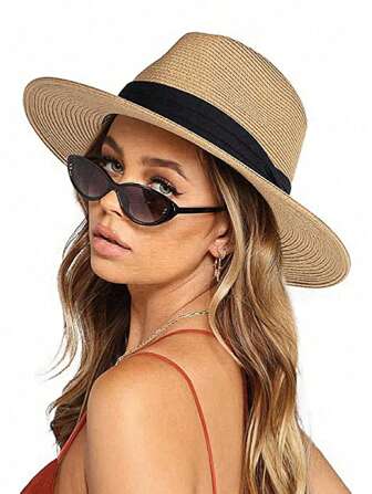 1pc Unisex Wide Brim Straw Panama Hat, Summer Beach Sun Hat, High Quality, Solid Color, Elegant, Casual, Bohemian, Vintage, Street Style, Suitable For Spring And Summer