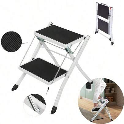 Vandise Heavy Duty Steel Step Stool Ladder - Foldable Compact Portable Platform Ladder with Non-Slip Pads for Adults & Kids - Multi-Functional Small Stool for Kitchen Bathroom Camping Office (Can Sit On) | Adjustable Steel Step Stool | Folding Metal Ladder with Anti-Slip Surface | Compact Multi-Purpose Stool for Home Use