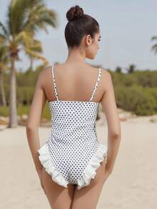 Traje de baño monokini para mujer, color sólido, tirantes finos, volantes, sin mangas, traje de baño de verano, bikini - Blanco - Ver 6