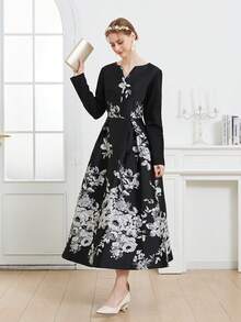 Luxury Jacquard Women's Long Sleeve Black V-Neck Party Dress