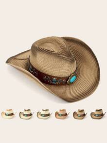 1 pieza Sombrero de paja tipo Panamá casual y bohemio con bloques de color, protección UV y a prueba de viento, versátil para hombres y mujeres, para todas las estaciones