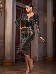 Women's Elegant Woven Fabric Sequin Patchwork - Green - View 5