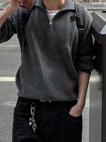 秋冬新款针织休闲宽松套头毛衣，简约风格，串珠纹理，通勤商务休闲领拉链长袖超大码男女通用针织衫