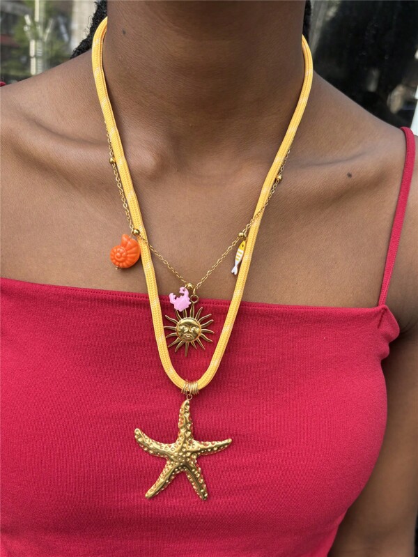 Fashionable Dopamine Rope Necklace With Stainless Steel Starfish, Fish, Crab Pendant Necklace, Layered Versatile Necklace For Women