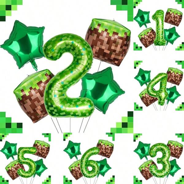 Set de 5 globos numéricos de píxeles verdes a cuadros, incluye globos extra grandes de 40 pulgadas con los dígitos 1, 2, 3, 4, 5, 6, con globos de bloques de hierba y globos de pentágono verde, adecuado para la decoración de fiestas con temática de juegos
