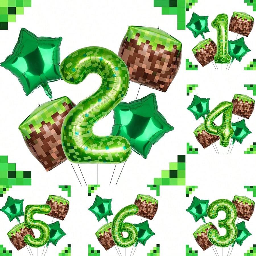 Set de 5 globos numéricos de píxeles verdes a cuadros, incluye globos extra grandes de 40 pulgadas con los dígitos 1, 2, 3, 4, 5, 6, con globos de bloques de hierba y globos de pentágono verde, adecuado para la decoración de fiestas con temática de juegos