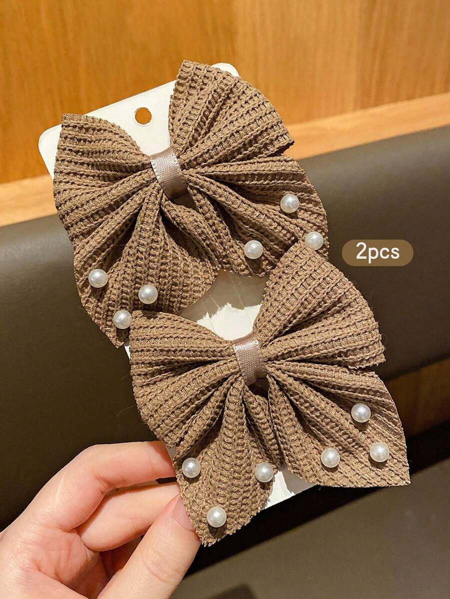 2pcs Fashionable & Sweet Bowknot Hair Clips, Suitable For Daily Use - Coffee Brown - View 1