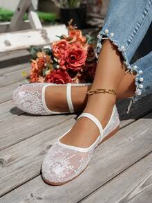 2025 秋季圆头蕾丝网眼女鞋，亮片刺绣花卉装饰，时尚舒适透气芭蕾平底鞋，松紧带一脚蹬 - 白色 - 查看 4
