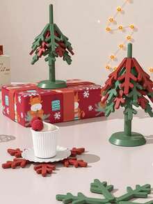 Posavasos con forma de árbol de Navidad de 4/8 piezas con soporte, posavasos de árbol para platos calientes, salvamanteles plegables de árbol para tetera/sartenes calientes, posavasos duraderos, decoración de mesa festiva y funcional