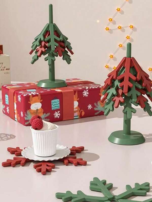 Posavasos con forma de árbol de Navidad de 4/8 piezas con soporte, posavasos de árbol para platos calientes, salvamanteles plegables de árbol para tetera/sartenes calientes, posavasos duraderos, decoración de mesa festiva y funcional