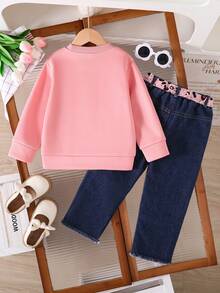 Toddler Bow Decor Print Warm Crew Neck Sweatshirt And Denim Pants Set - Pink - View 2
