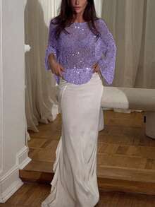 Yuwenier Sexy Sheer Mesh Sequin Crochet Batwing Long Sleeve Loose Cover Up, Carnival Party - Purple - View 5