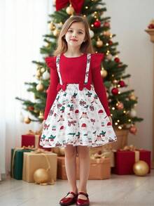 Girls' Christmas Ruffle Bow Dress With Snowman, Candy Cane, Christmas Tree Print, Holiday Outfit - Red - View 3