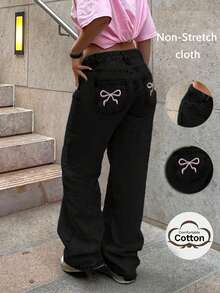 Quần jeans nữ ống đứng màu sáng cổ điển với túi sau thêu họa tiết, thích hợp mặc hàng ngày, màu đen mùa xuân. - màu đen - Xem 1