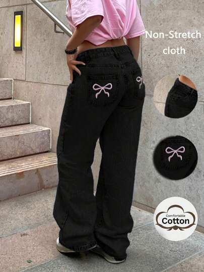 Women's Classic Light-Colored Straight-Leg Jeans With Embroidered Back Pockets, Casual Everyday Wear