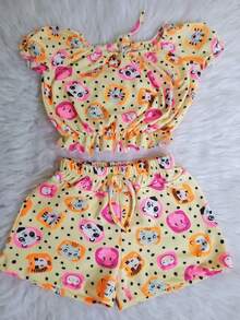 Floral  Set Children's Girl Bloguerinha Shoulder To Shoulder Summer Clothes - Màu vàng - Xem 3