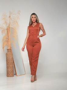 Women's Tailored Jumpsuit With Button At The Front C3154 - Burnt Orange - View 3