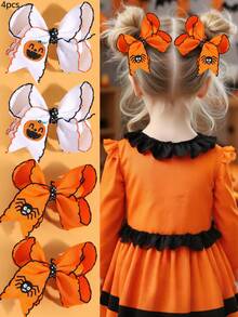 2/4pcs Halloween Pumpkin Bows Hair Clips,Fabric Embroidery Funny Pumpkin Spider Decor Hair Bows,Amusing Hair Accessories For Toddlers Halloween Gifts - Multicolor - View 1