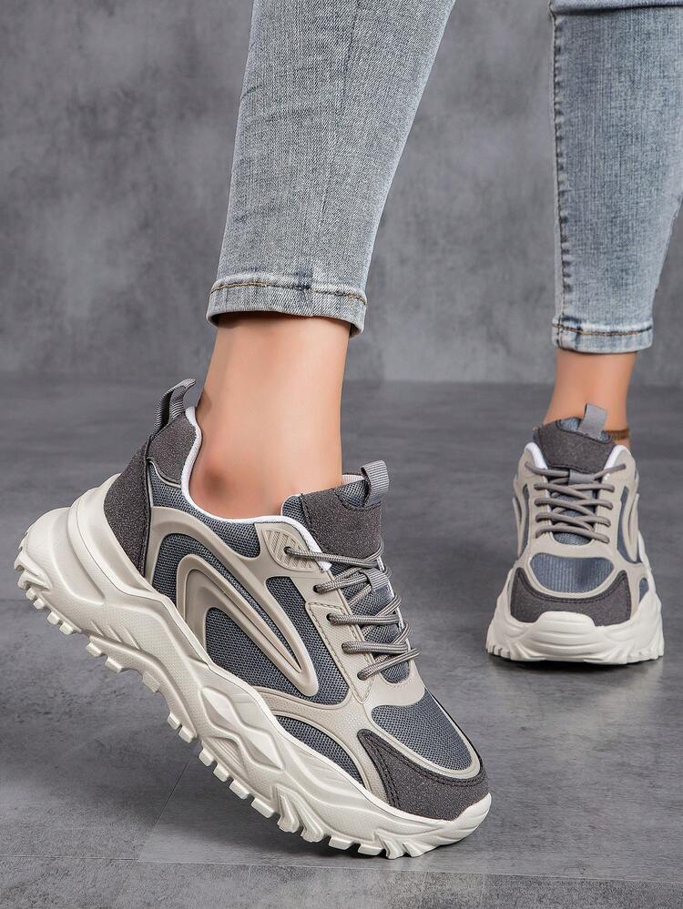 Women's Versatile Lightweight Breathable Retro Casual Sneakers, Women's Patchwork Lace-Up Low-Top Soft-Sole Walking Shoes, Women's Thick-Sole Elevated Street Chunky Sneakers, Women's Lightweight Non-Slip Running Sneakers - Beige - View 5