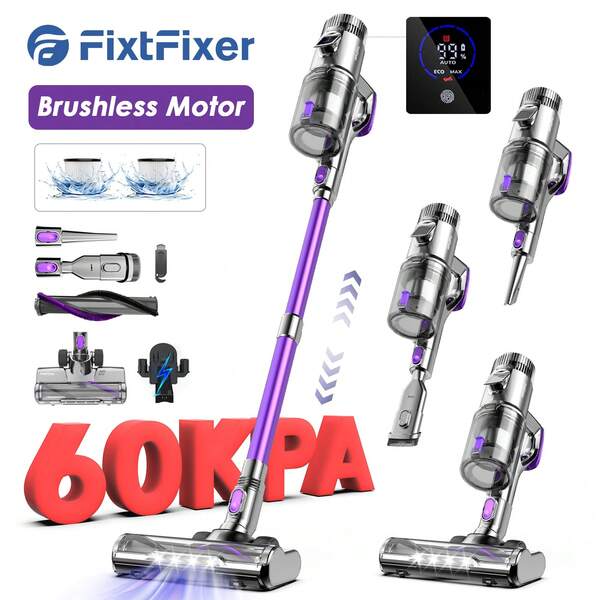 Fixtfixer 500W Staubsauger, handgehalten, 80 Minuten Reichweite, 21V/2500mAh Akku, abwaschbares HEPA, 5-stufiges Filtersystem, LED-Display, 6-in-1 leichter Staubsauger für Böden, Teppiche, Fliesen