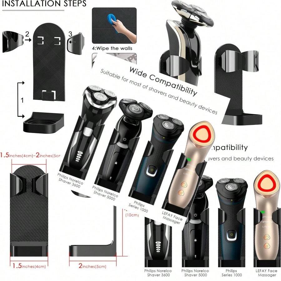 FL Linkidea Adjustable Electric Shaver Holder 2 Pack Self Adhesive Razor Stand Shower Razor Stand Compatible With Philips Series 7 Series 9 Black FL