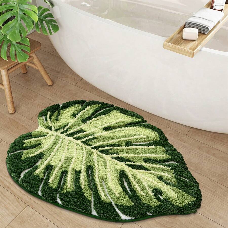 Green Leaf Bath Rug For Bathroom Soft And Absorbent Bath Mat Non-Slip Fuzzy Floor Rug For Home - Grön - Visa 1