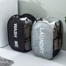 1pc Large Capacity Double-Sided Printed Clothes Mesh Basket, Portable Foldable Bathroom Wall-Mounted Dirty Clothes Hamper, Plush Doll Storage Basket. Modern Nylon Design, Multi-Layer, Suitable For Organizing Shirts, Socks And Other Household Cleaning And Laundry Supplies.
