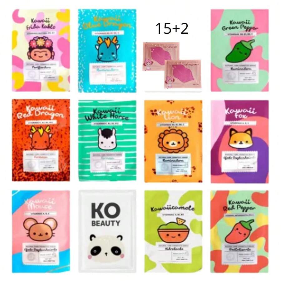Paquete de 15 mascarillas coreanas faciales gran variedad rejuvenecedoras con múltiples beneficios para tu piel + REGALO 1 mascarilla de labios - Multicolor - Ver 1