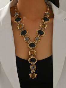 1 件复古夸张时尚仿宝石 Y 形流苏长项链，厚重珠宝，巴洛克风格法式奢华几何粗金色毛衣链项链，适合女性日常、宴会、派对穿着 - 金色 - 查看 2