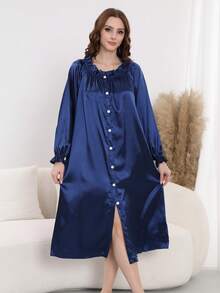 Satynowa koszula nocna z falbanką dla kobiet, rozkładana piżama z odkrytymi ramionami i długim rękawem, wygodna sukienka domowa, przytulne stroje