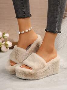 女士休闲可爱毛绒一脚蹬拖鞋，厚底坡跟，适合室内外穿着，春秋季，毛茸茸的鞋子 - 杏色 - 查看 4