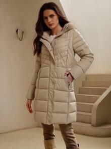 时尚便携仿毛领连帽女式夹克，秋冬季必备棉服 - 杏色 - 查看 8