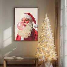 1pc, Canvas Wall Art, Christmas Framed Wall Decor, Fashionable Pink Santa Claus Blowing Giant Pink Bubblegum, Playful Girlish Home Accent, Festive Seasonal Decoration, Adds Joy To The Holidays, Christmas Decor, Christmas Poster, Winter Decor, Christmas Bathroom Accent, Christmas Home Decor, Room Accent, Dormitory Decor, Bedroom Accent, Living Room Decor, Office Decor, Dining Room Accent