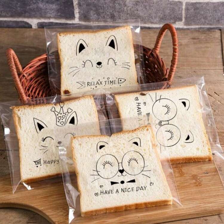 100个可爱卡通透明自粘面包袋和吐司袋，可重复使用，适用于果酱、菠萝、烤切片面包、全麦面包、自封包装、饼干袋，用于烘焙和储存、面包店、学校、圣诞节、万圣节派对、生日食品包装袋、食品包装袋，图案随机 - 彩色 - 查看 2