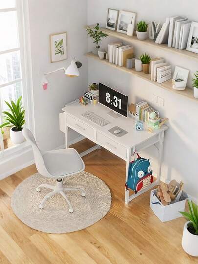 32 Inch Small Desk With Fabric Drawers – Vanity Table With Storage Drawer & Bag. Writing Desk For Bedroom/Study, Small Spaces