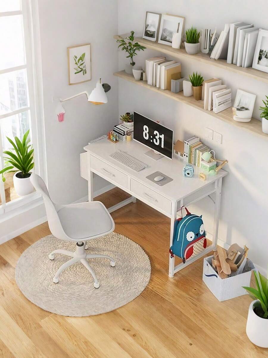 32 Inch Small Desk With Fabric Drawers – Vanity Table With Storage Drawer & Bag. Writing Desk For Bedroom/Study, Small Spaces - 白色 - 查看 1