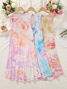 A Set Of 3 New Women's Pajamas, Plus Size Colored Tie Dye Printed Vest Skirt, Suitable For Casual Wear. - 彩色 - 查看 6
